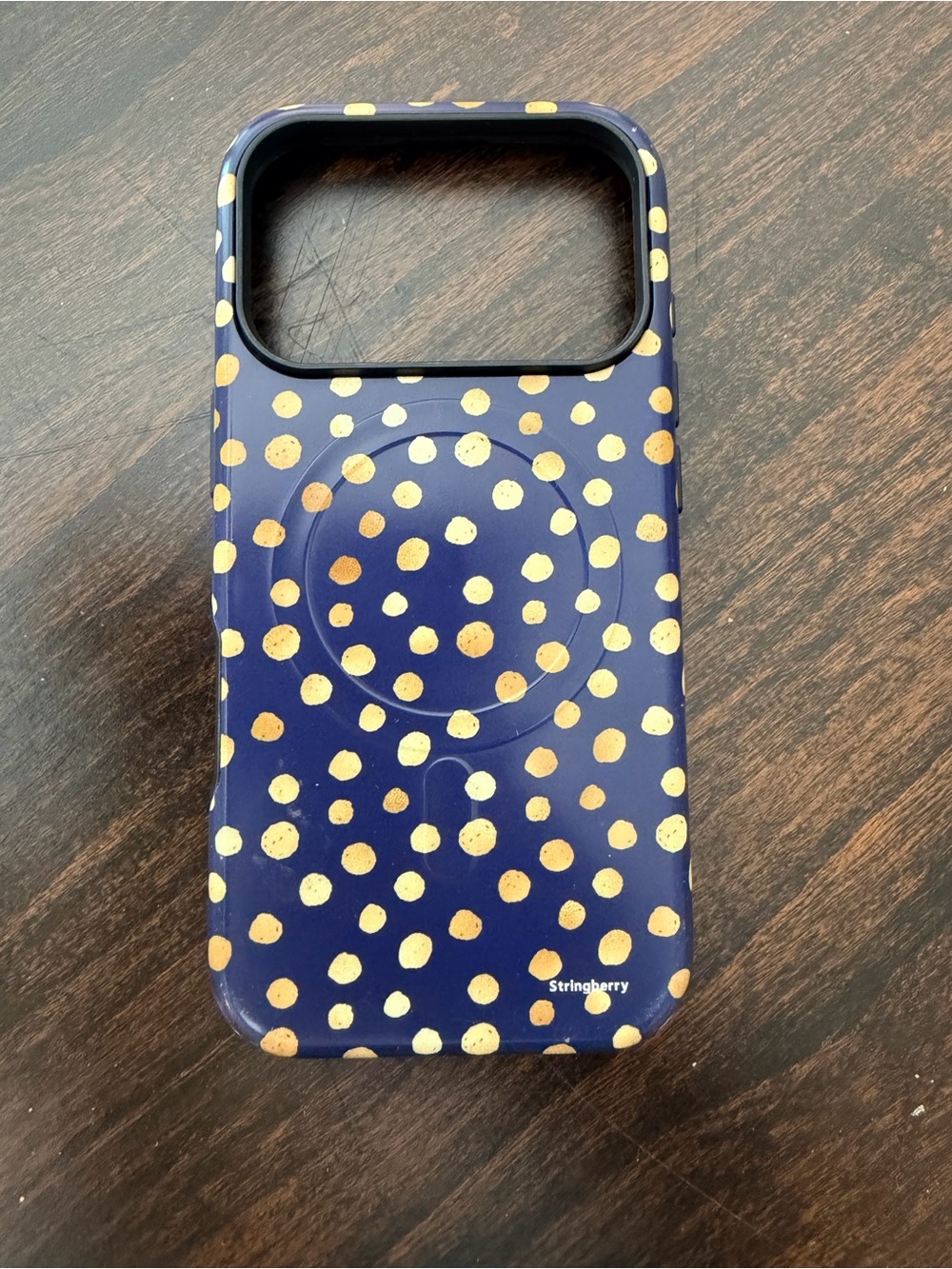 Stringberry Navy Phone Case with Gold Polka Dot Design